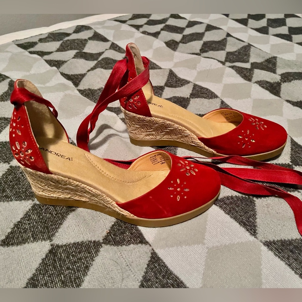 Andrea- Deep red faux suede espadrilles with ankle ribbon